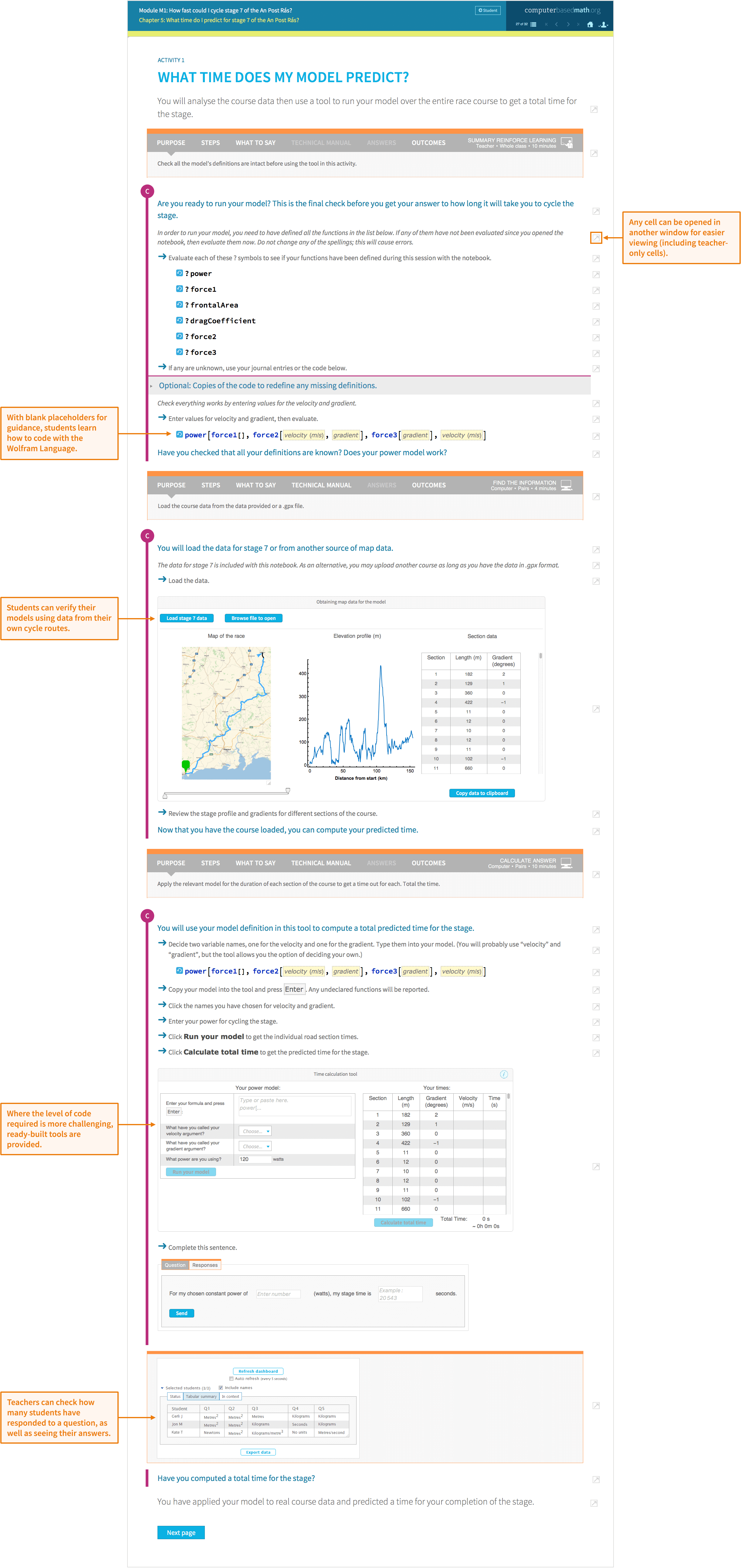 预测自行车比赛时间的模块活动示例。教师视图显示了学生如何计算答案，包括使用Wolfram语言进行编码。课堂仪表盘显示了哪些学生已经回答了问题以及他们的回答。
